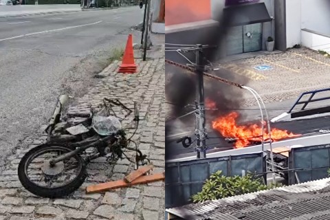 MOTOCICLISTA FICA GRAVEMENTE FERIDO APÓS ACIDENTE E MOTO PEGA FOGO NA SALGADO FILHO